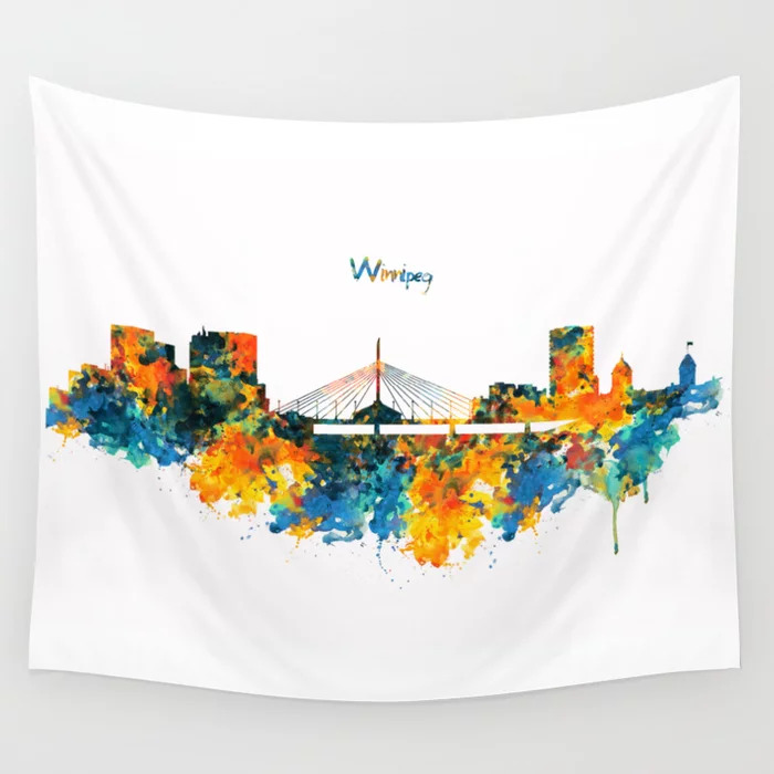 wall painting, accent wall, tapestry, wallpaper, apartment decor, decorating, interior design, apartment style, boho-style apartment, boho-style wall, apartment living, renting an apartment, wall art, winnipeg skyline, tapestry